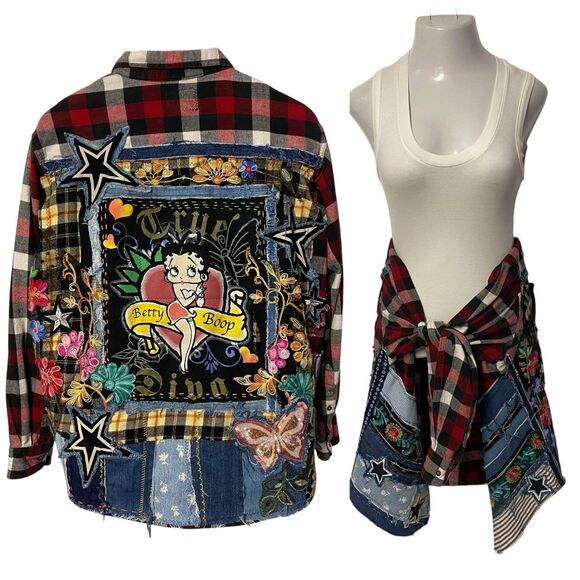 Upcycled Flannel Shirt Shacket Womens XL Betty Boop Grunge Patchwork Folk Art - Picture 1 of 16
